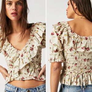 Free People Favorite Girl Floral Ruffle Top Blouse Size M Boho Cottage Prairie